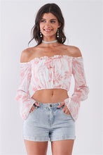Load image into Gallery viewer, Leaf Print Off-the-shoulder Long Flounce Sleeve Self-tie Front Cropped Top
