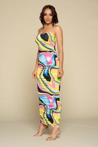 Multicolor Bodycon Maxi Dress, Clear Spaghetti Straps, Ruched Detail