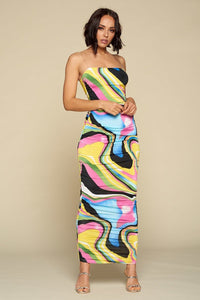 Multicolor Bodycon Maxi Dress, Clear Spaghetti Straps, Ruched Detail