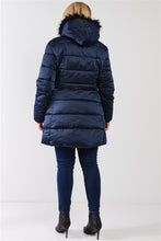 Load image into Gallery viewer, Plus Glossy Long Fitted Vegan Fur Hood Detail Winter Puffer Jacket
