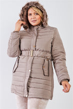 Load image into Gallery viewer, Plus Parallel Quilt Faux Fur Hood Belted Padded Long Puffer Jacket
