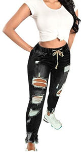 Women Plus Size High Waist Skinny Stretch Ripped Destroyed Denim Jeans Pants Hole Ripped Flare Jeans Women
