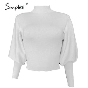 Simplee High waist Lantern Sleeve Women's Pullover Knitted Sweater