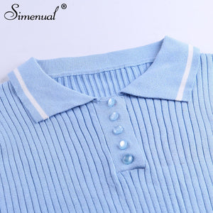 Simenual Knitted Ribbed Fashion Women Two Piece Sets Short Sleeve Casual Bodycon Top and Skirt Set