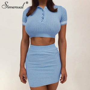 Simenual Knitted Ribbed Fashion Women Two Piece Sets Short Sleeve Casual Bodycon Top and Skirt Set