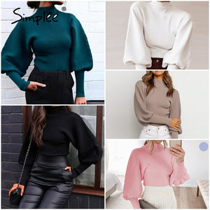 Simplee High waist Lantern Sleeve Women's Pullover Knitted Sweater